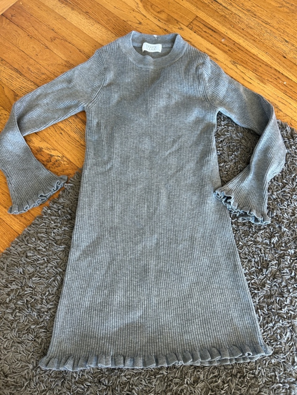 Lowrys Farm Light Gray Ribbed Knit Sweater Dress with Ruffle Trim Size Medium